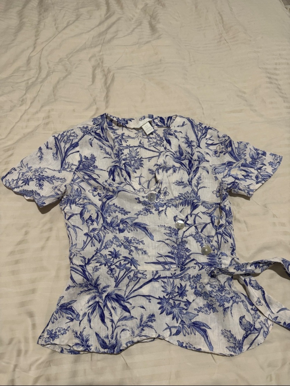 H&M White and Blue Floral Wrap Blouse